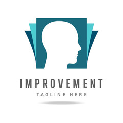 Abstract human profile silhouette head logo blue color on book background.Design template icon for business company.Identity sign education, school, science,improvement,innovation.Vector illustration.