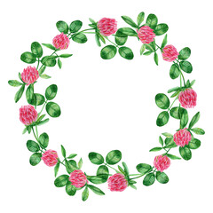 Hand drawn watercolor wreath of green leaves and pink  clover flowers. Delicate floral round frame with spring flowers. Template for cards, invitations, decor. 