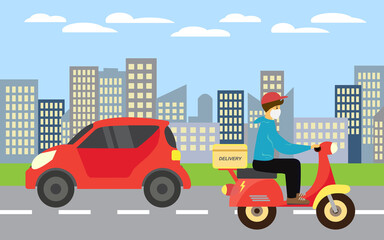 Delivery service E-commerce concept by scooter courier. Flat City panorama vector.