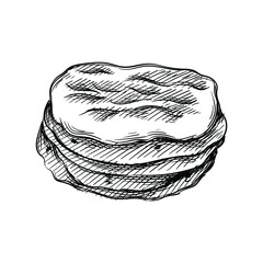 Hand drawn sketch of Indian tortillas on a white background. Indian cuisine. Food. Meals. 