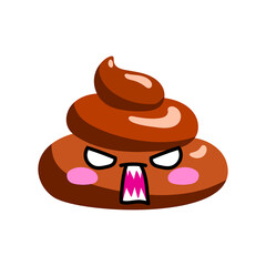 Shit or turd emoji vector icon with angry shouting face feeling pissed off and tired, isolated illustration in flat cartoon and kawaii style
