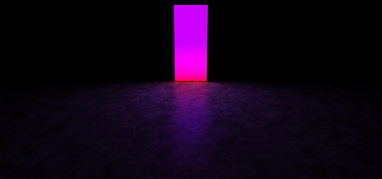 A glowing pink portal in a dark space. A glowing abstract rectangle of purple color. A luminous mystical monument. 3D rendering