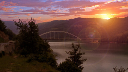 Scenic view of Gazivoda Lake and Arch bridge in Kosovo and Serbia