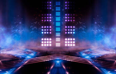 Dark abstract futuristic background. Neon lines glow. Neon lines, shapes. Multi-colored glow, blurry lights. Empty stage background. Dark blue background, rays. 