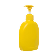 Yellow bottle dispenser of soap isolated on white background.