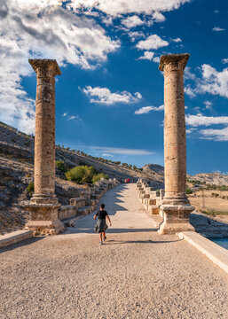 Severan Bridge, Cendere Koprusu is a late Roman bridge, close to Nemrut Dagi and Adiyaman, Turkey. Roadway flanked by ancient columns of Roman Emperor Lucius Septimius Severus