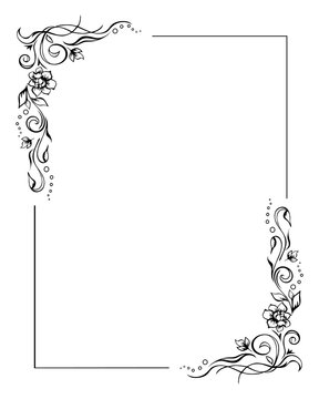 Rectangular floral frame, rose border template with flourishes in two corners. Elegant hand-drawn decorative elements, foliage and blossom. Editable vector design on white background for prints