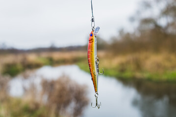 Orange wobbler for fishing hanging on a line against the background of the river. Tackle for...