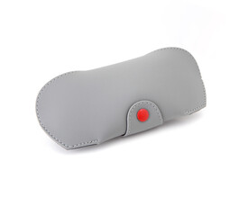 Protective case for glasses, gray stitched leather with button closure, isolated on white background