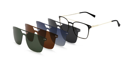 eyewear polarized clip on sunglasses with colored magnetic lenses isolated on white background