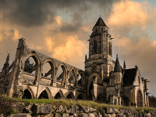 Caen, France, February 2021 Ruins of the Abbey of Caen in Normandy with a picturesque beautiful sky in the background