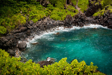 Naklejka na ściany i meble Honokalani beach, black sand beach,Waianapanapa State Park, Maui, Hawaii, USA