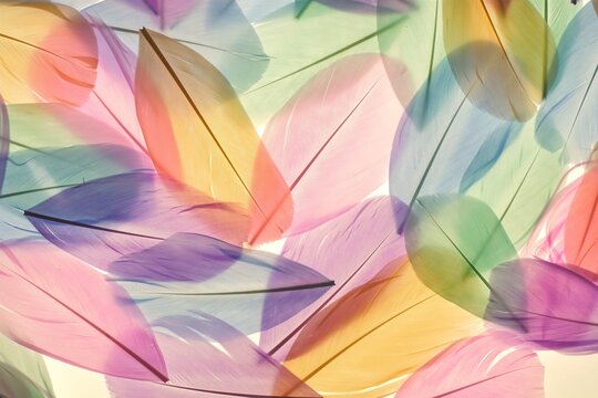 Fototapeta Feathers multicolored background in pastel colors. Feathers set pattern. Natural pastel feathers set in muted colors.Beautiful feathers surface. Feather wallpaper.nature materials background