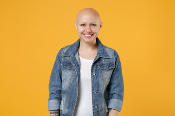 Young bald smiling caucasian cheerful friendly positive attractive woman 20s without hair wearing...