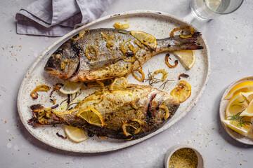 Baked fish dorado. Sea bream or dorada fish grilled