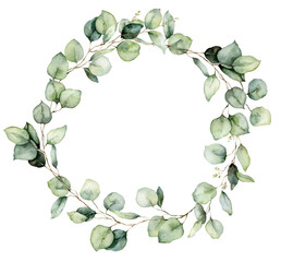 Watercolor wreath of eucalyptus branches, seeds and leaves. Hand painted silver dollar eucalyptus isolated on white background. Floral illustration for design, print, fabric or background.