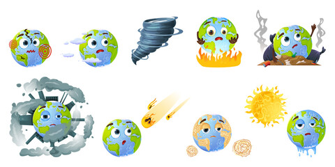 Set of planet earth in cartoon style with climate change problem, pollution and disasters.