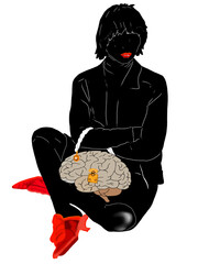 donna con borsetta cervello e scarpe rosse 