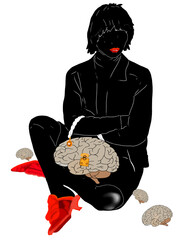 donna con borsetta cervello cuori e scarpe rosse