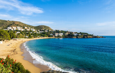 Panorama over the beautiful beach l'Almadrava in the gulf of Rosas, Mediterranean sea, Costa Brava, Catalonia, Spain