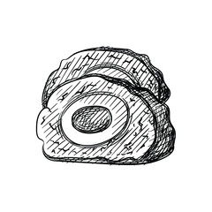 Hand drawn sketch of German meatloaf with egg on a white background. German cuisine. Food. Meals. 