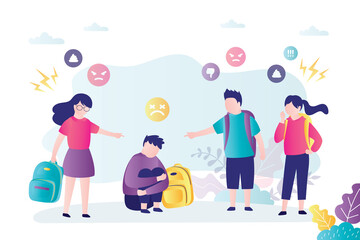 Group of children laughs and mocks schoolboy. Bullying and humiliation at school or college.