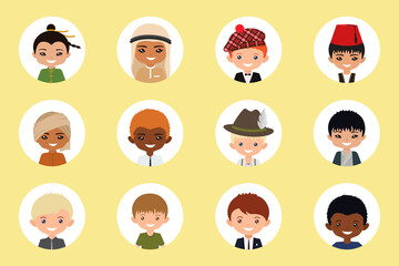 User icons of men of different nation on light background. Cartoon flat style