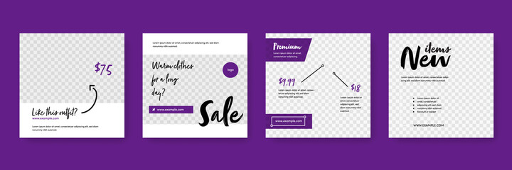Purple social media layouts with instructional design elements like arrows and pointers, sale instagram and facebook templates for fashion vendors