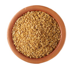 Golden linseed, linen seeds in clay pot isolated on white background, top view
