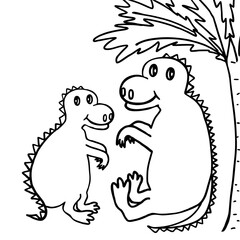 Two dinosaurs big and small, mother and son, sitting under palm tree, coloring book, raster illustration