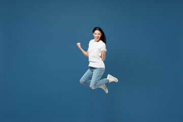 Full length young happy friendly overjoyed brunette latin woman 20s wear white casual basic t-shirt...