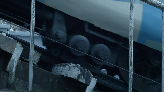 the funicular descends on rails. close-up