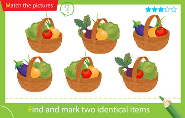 Find and mark two identical items. Puzzle for kids. Matching game, education game for children. Baskets of vegetables. Cabbage, beetroot, tomato, onion, eggplant