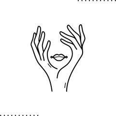 abstract hand and face, beautiful person,  confused thoughts vector icon in outlines 