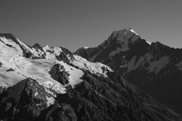 Mount Cook and glacier in black and white.