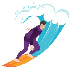 Vector Illustration of a Guy Surfing. Yoga tree pose. Vector image isolated on a white background.  