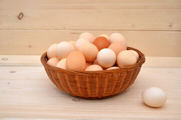basket with chicken eggs on wooden background