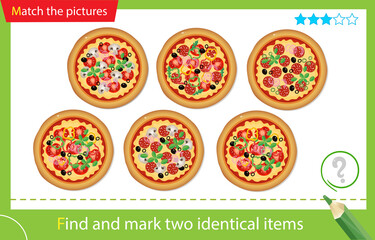 Find and mark two identical items. Puzzle for kids. Matching game, education game for children. Pizza. Worksheet vector design for preschoolers