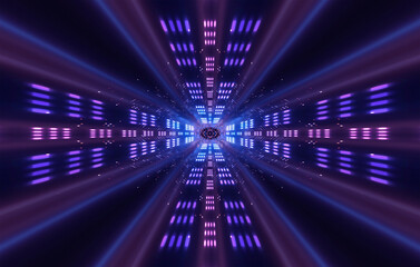 Light futuristic abstract neon tunnel, neon background with rays and lines. Bright center, movement of light. 3D illustration 