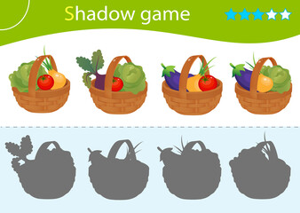 Shadow Game for kids. Match the right shadow. Baskets of vegetables. Cabbage, beetroot, tomato, onion, eggplant. Worksheet vector design for children
