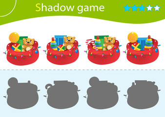 Shadow Game for kids. Match the right shadow. Santa Claus bag with gifts, toys and sweets. Christmas. New year. Worksheet vector design for children
