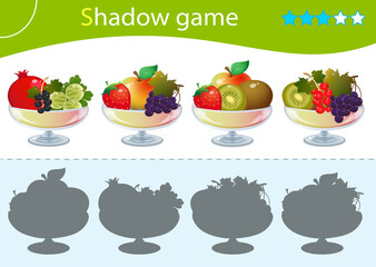 Shadow Game for kids. Match the right shadow. Vases with fruits and berries. Currant, strawberry, apricot, strawberry, cherry, raspberry, gooseberry, grapes, apple, kiwi