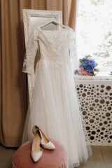 Fototapeta na wymiar perfect white wedding dress on the wedding day