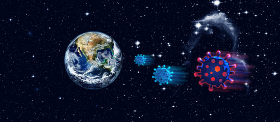 Obraz na płótnie Canvas Coronavirus molecules flying to planet Earth from space. Starry sky. Elements of this image furnished by NASA
