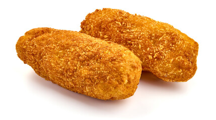 Fried potato croquettes in breadcrumbs, isolated on white background. High resolution image