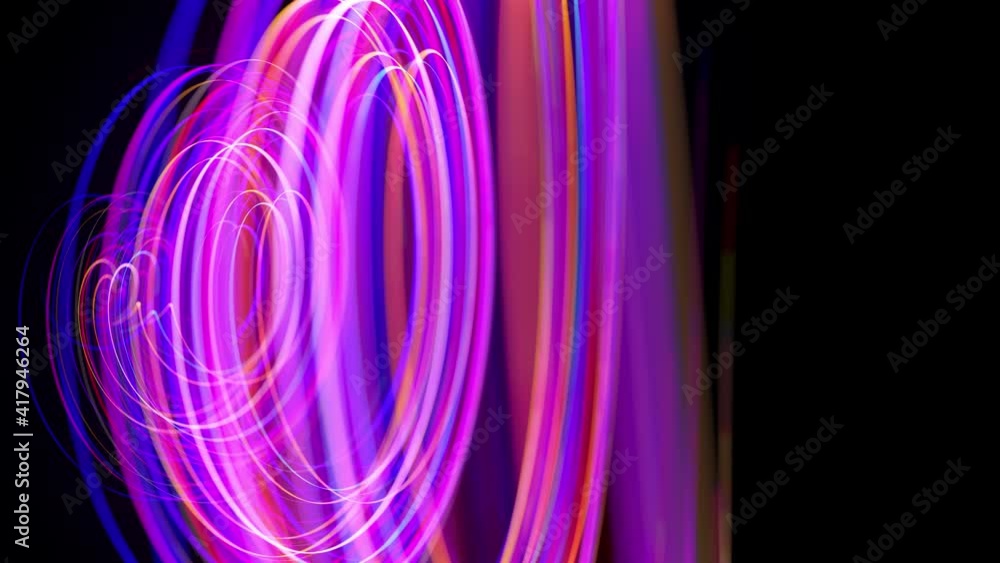 Poster motion graphics, sci-fi bg. stream of multicolor neon lines form spiral shape, curls and pattern. ab