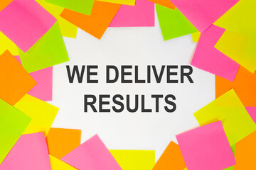 Text we deliver results on a white background. Multicolored stickers around