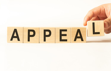 Word appeal. Wooden small cubes with letters isolated on white background with copy space available