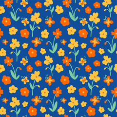 Vector orange and yellow floral pattern in flat style. Flowers and butterflies cute seamless print on blue background for textile, fabric, wallpaper, wrapping, scrapbooking, design and decoration.