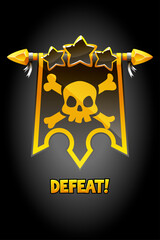 Defeat pop-up banner with black flag and skull.